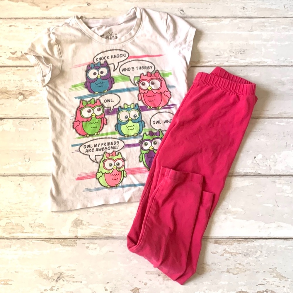 Girls Size 6 Outfit Justice Brand Owl Shirt Short Sleeves Pink Leggings 6x Pants
